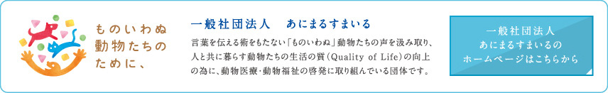 一般社団法人　あにまるすまいる　言葉を伝える術をもたない「ものいわぬ」動物たちの声を汲み取り、人と共に暮らす動物たちの生活の質（Quality of Life）の向上の為に、動物医療・動物福祉の啓発に取り組んでいる団体です。 一般社団法人あにまるすまいるのホームページはこちらから