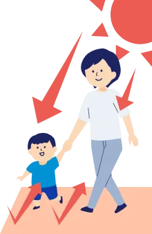 大人と子どもの目への紫外線の当たり方を示すイラスト