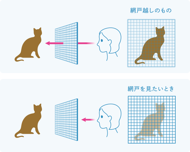 窓越しのものを見るとき：視点を変えなくても無意識に見たいものにピントを合わせる 網戸をみたいとき：網戸にピントを合わせることができる