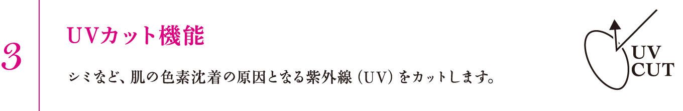 3.UVカット機能　シミなど、肌の色素沈着の原因となる紫外線（UV）をカットします。