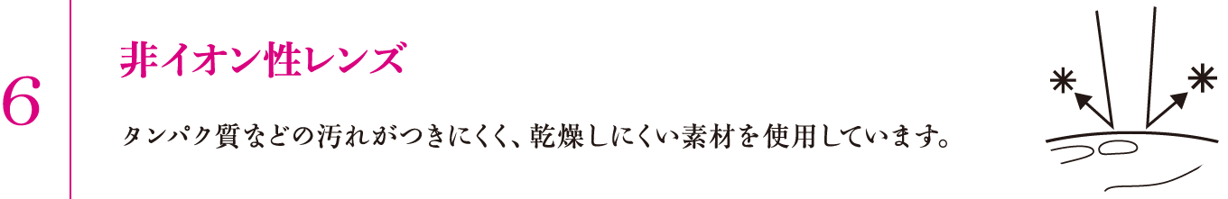 6.非イオン性レンズ　タンパク質などの汚れがつきにくく、乾燥しにくい素材を使用しています。