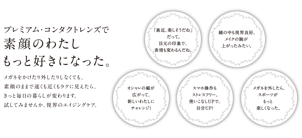 プレミアム・コンタクトレンズで素顔のわたし
もっと好きになった。メガネをかけたり外したりしなくても、素顔のままで遠くも近くもラクに見えたら、きっと毎日の暮らしが変わります。試してみませんか、視界のエイジングケア。