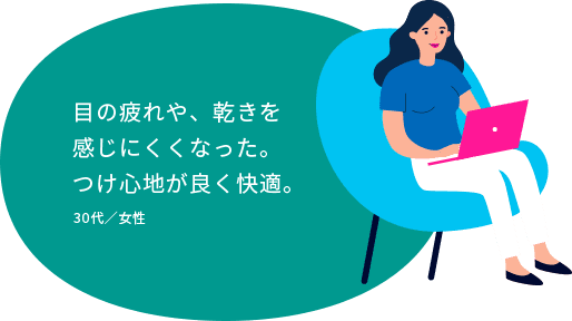 目の疲れや、乾きを感じにくくなった。つけ心地が良く快適。30代／女性